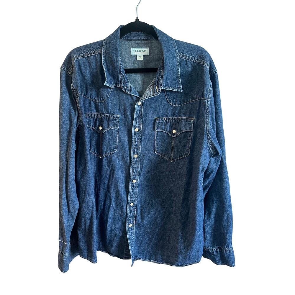 Tecovas Women’s Denim Pearl Snap Top Longsleeve Button Up Sz XL -Tiny Logo?